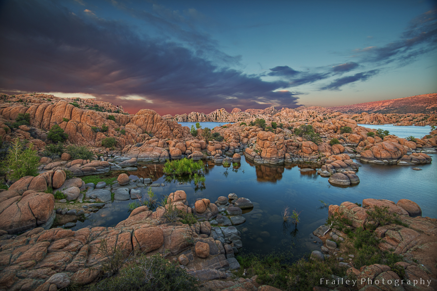 Watson Lake at sunset with a view of the Granite Dells.