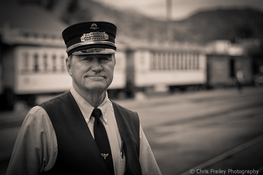 Train conductor for the Durango and Silverton narrow gauge railroad.