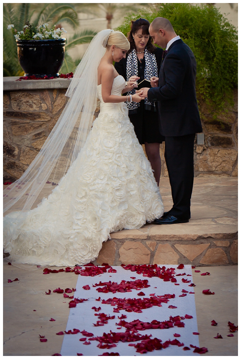 Bride and groom exchanging vows holding hands with roses