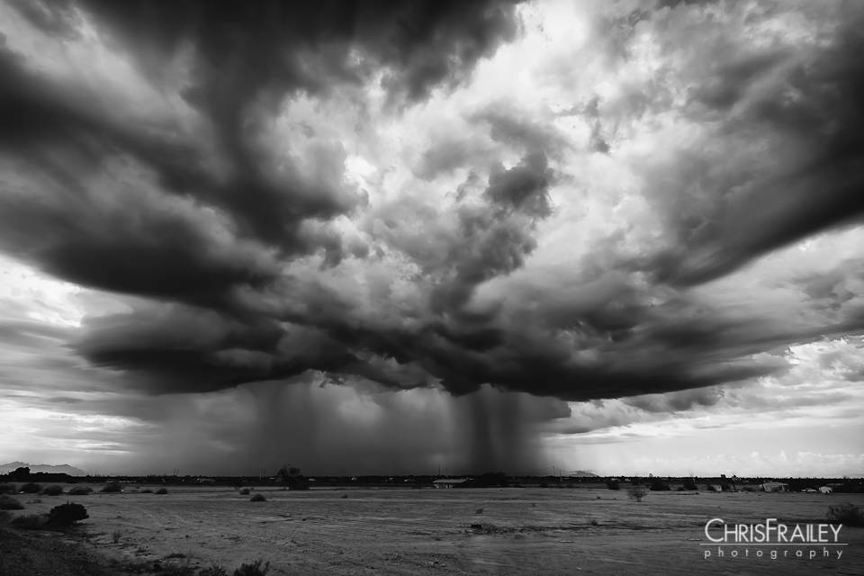 A huge storm cell dropping rain across the Arizona desert.