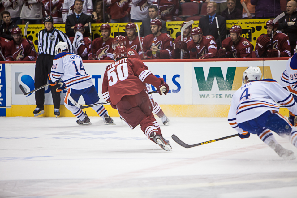 A player for the Phoenix Coyotes chases the puck