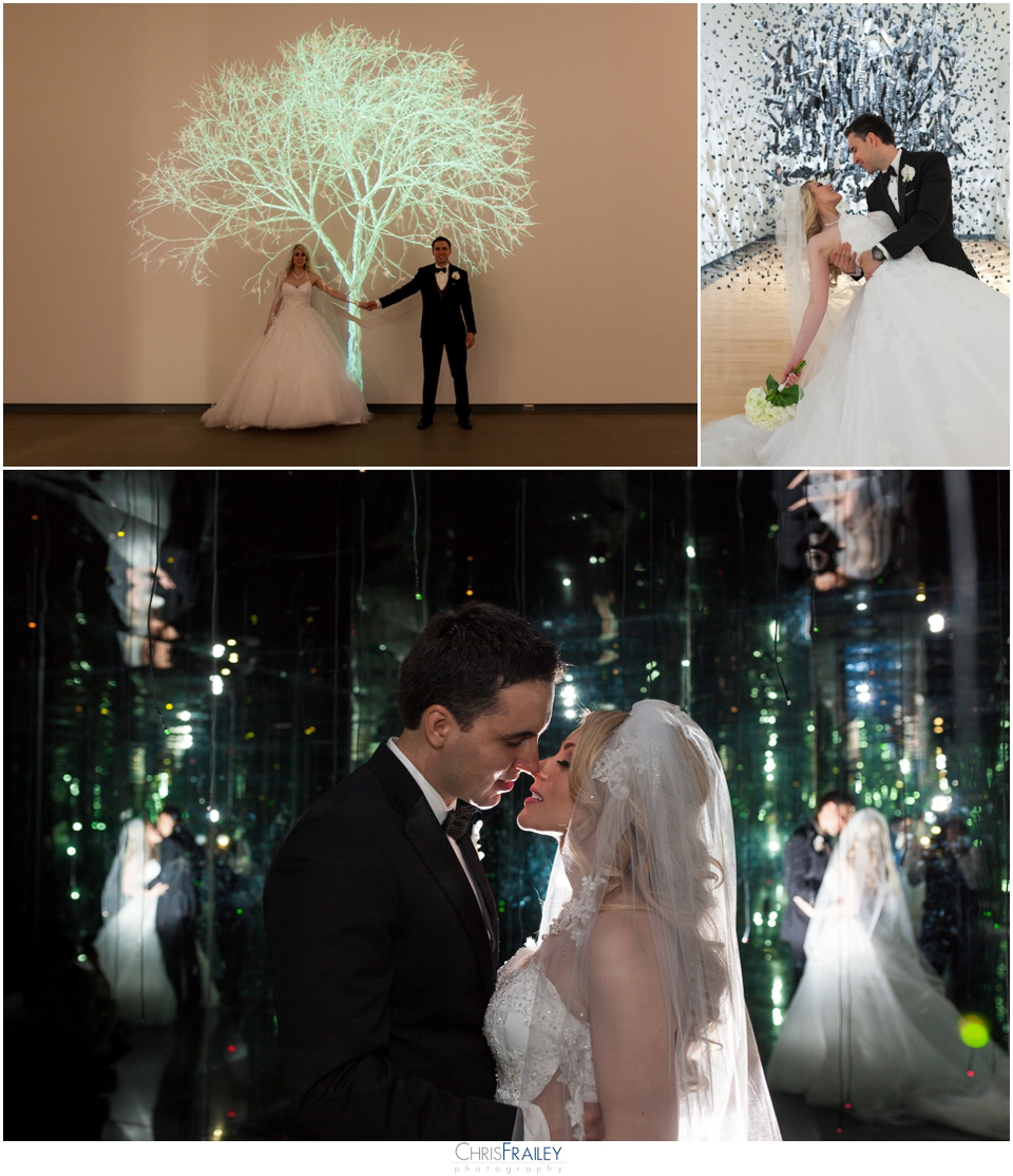 Phoenix wedding - bride and groom kissing in the Firefly room of the Phoenix Art Museum