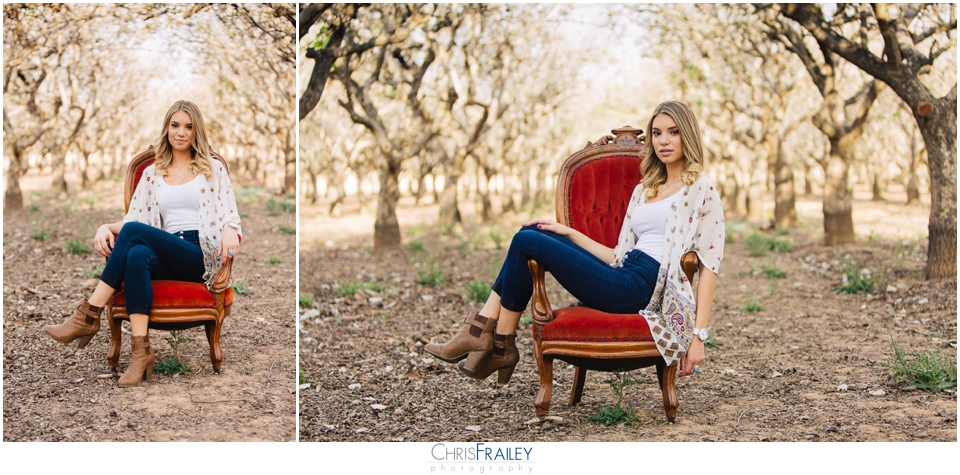 Senior Pictures at The Grove -a red Victorian chair and beautiful senior girl