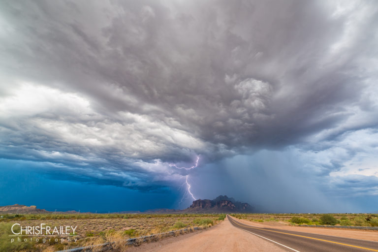 Monsoon lightning over the Superstition Mountains of Lost Dutchman State Park