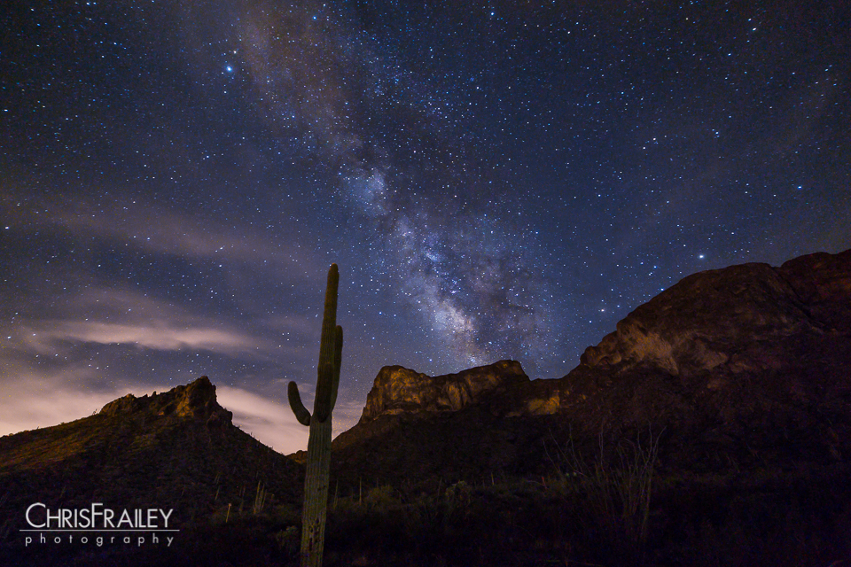 The Milky Way shines above Picacho Peak in the Arizona desert.