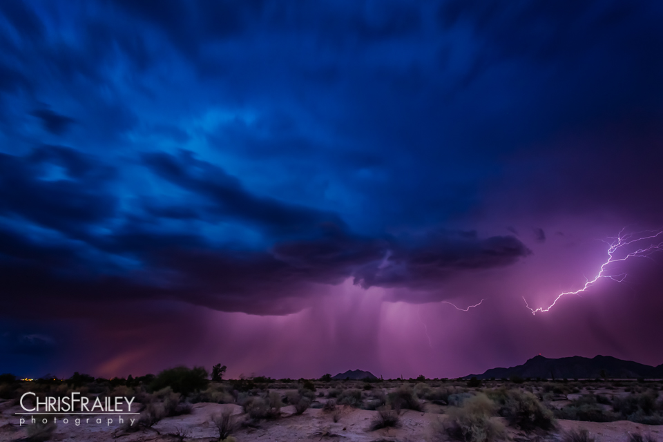 A monsoon thunderstorm drops a large amount of rain in the Arizona desert.