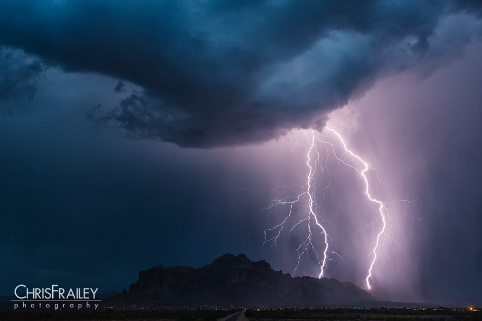 A double lightning strike on the Superstition Mountains. 