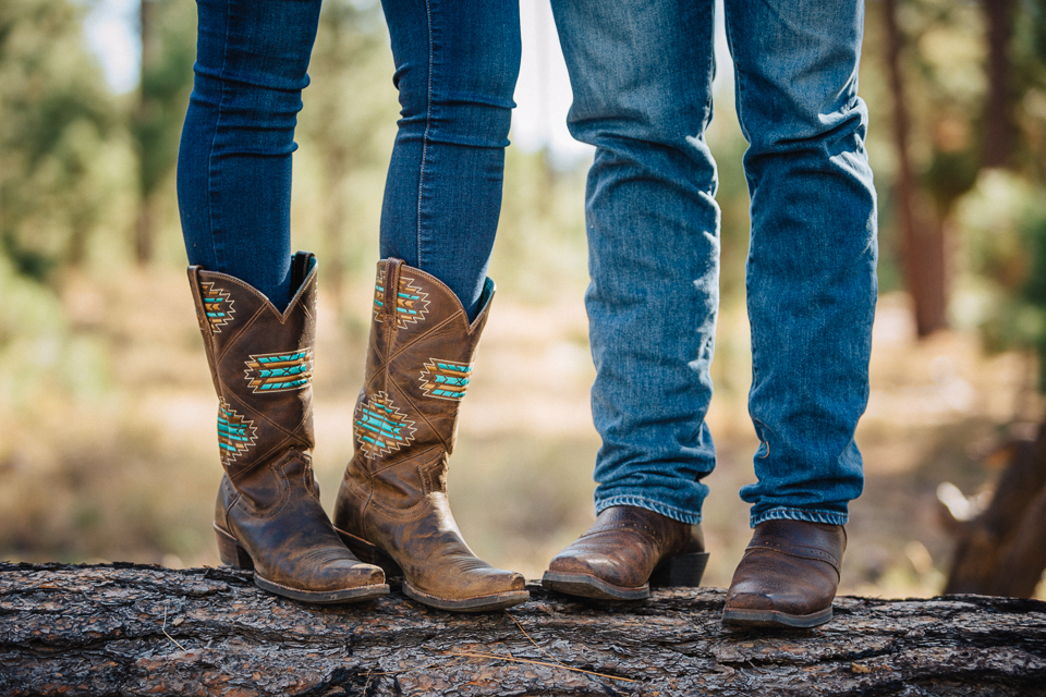 Close up of a couple wearing cowboy boots. 