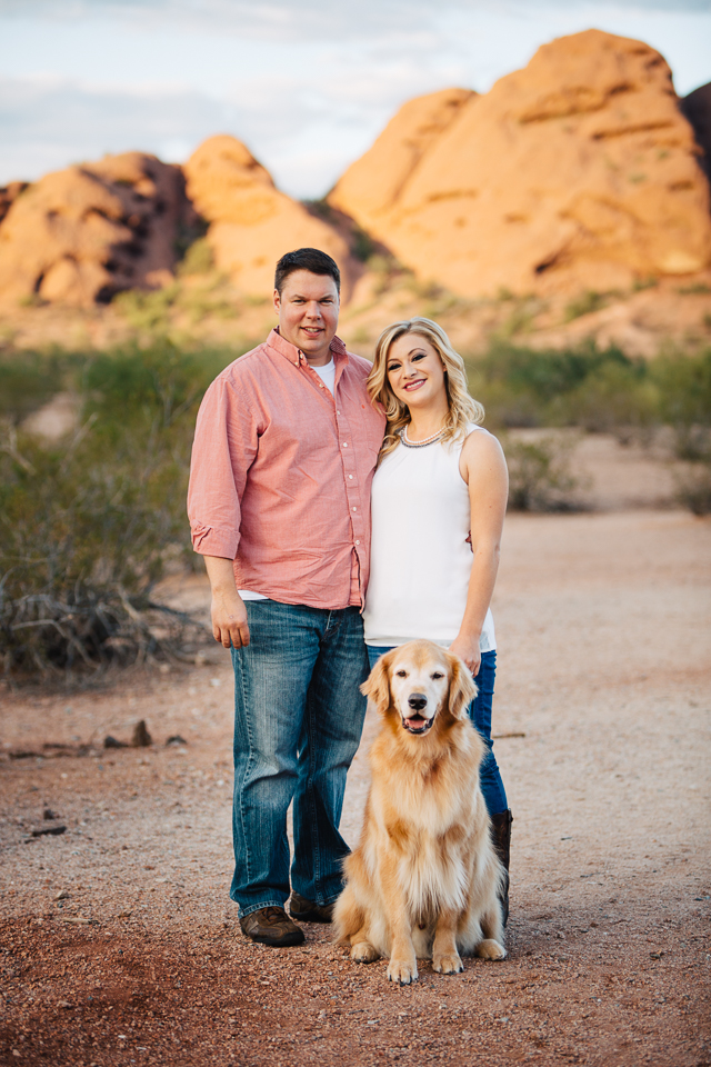 Engagement photos at Papago Park with a young couple and their dog.