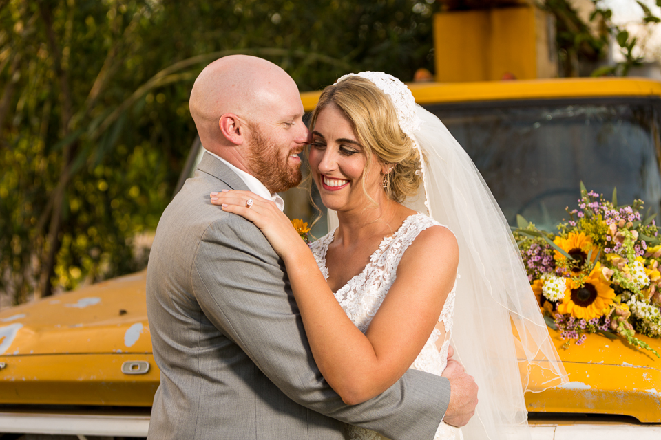 Bride Groom Hugging Old Yellow Truck Arizona Photographer Chris