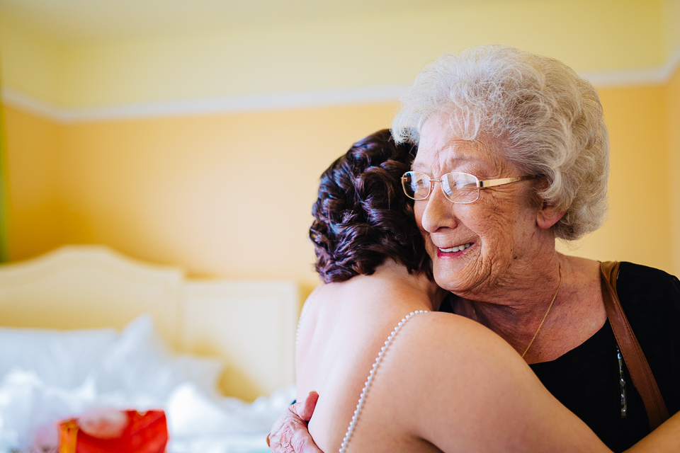 Bride hugging her grandmother.