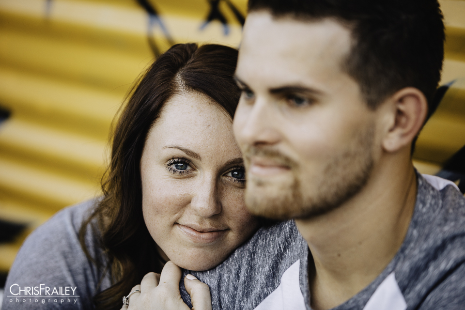Close up of engaged couple during engagement shoot at Roosevelt Row. 