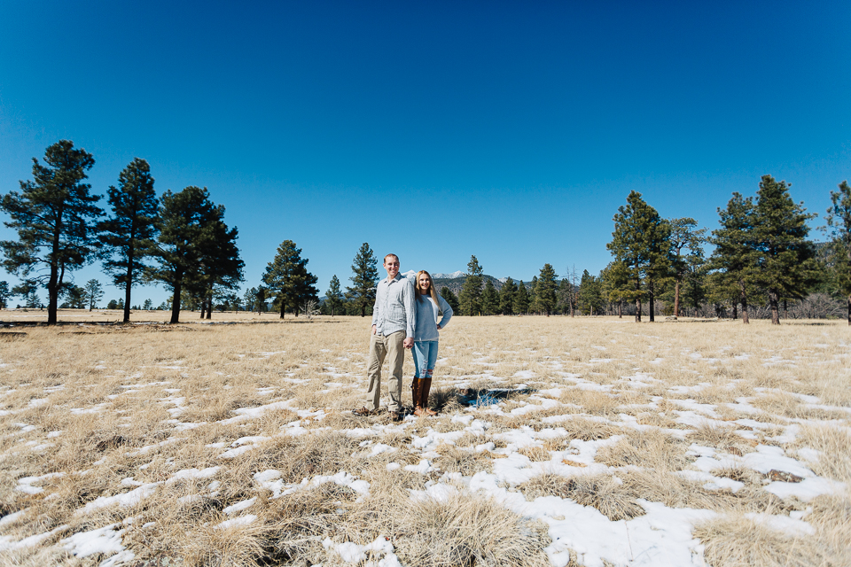 Engaged couple standing in snow covered meadow.