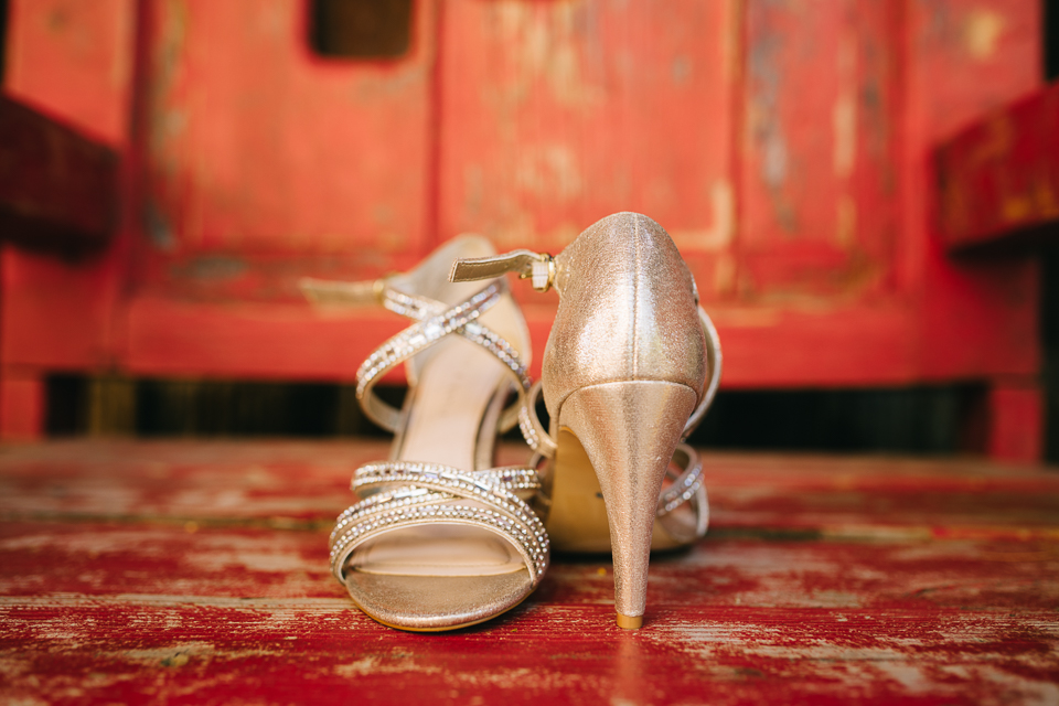 Bride's glitter high heeled wedding shoes. 