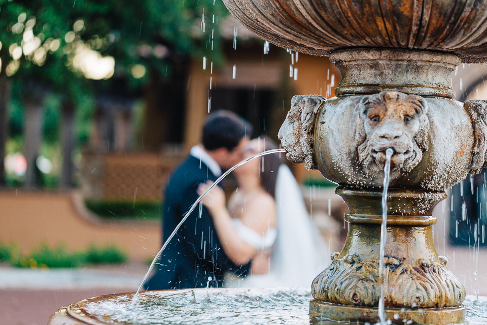 Bride and groom kissing in the distance behind a water fountain