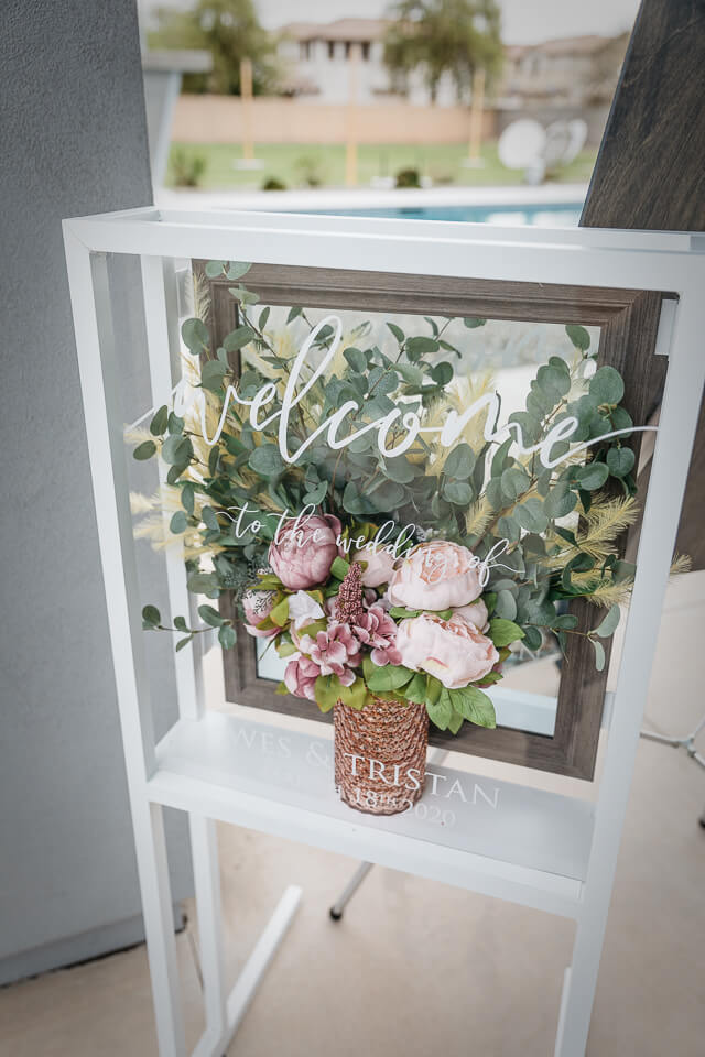 Welcome sign for wedding reception.